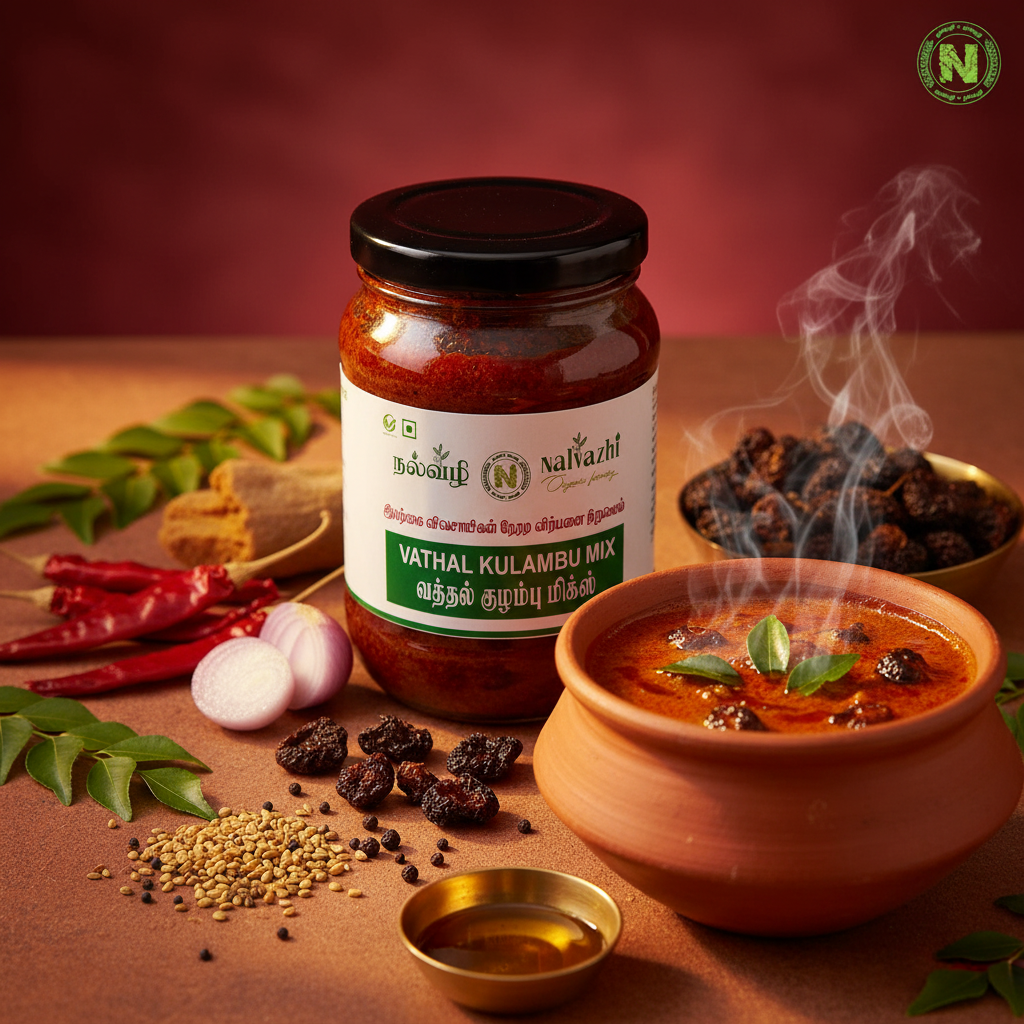 Nalvazhi Vathal Kulambu Mix glass jar with bubbling deep red kulambu in clay pot garnished with curry leaves and sesame oil