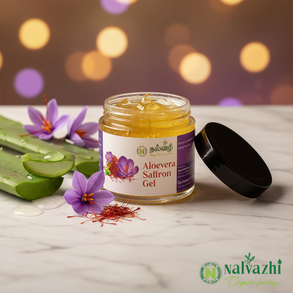 Nalvazhi Aloevera Saffron Gel jar open lid showing golden saffron-tinted gel with saffron flowers and aloe vera leaves