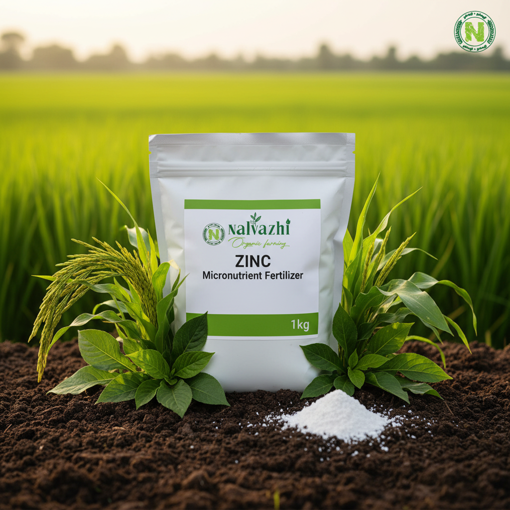 Nalvazhi Zinc Micronutrient Fertilizer 1kg bag on fertile soil with paddy field background