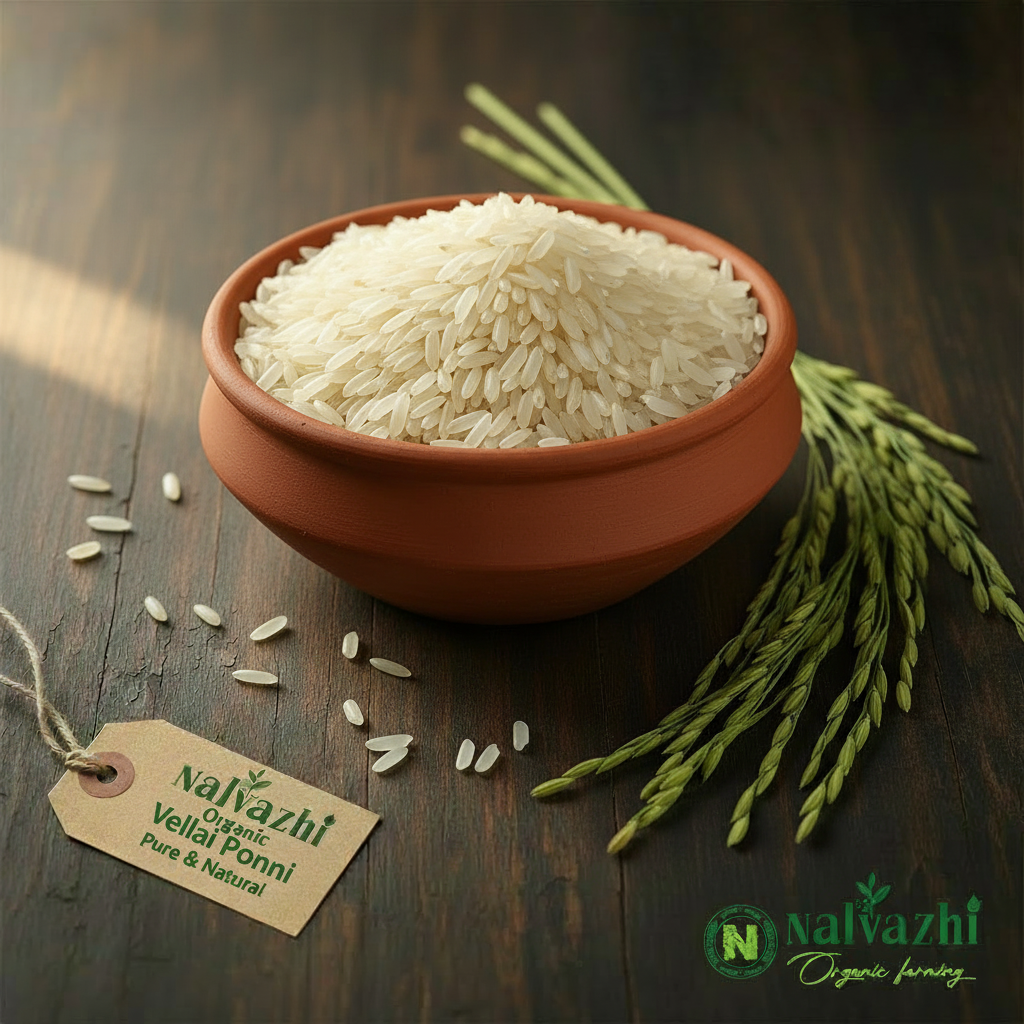Vellai Ponni Rice in wooden bowl - Nalvazhi Organic