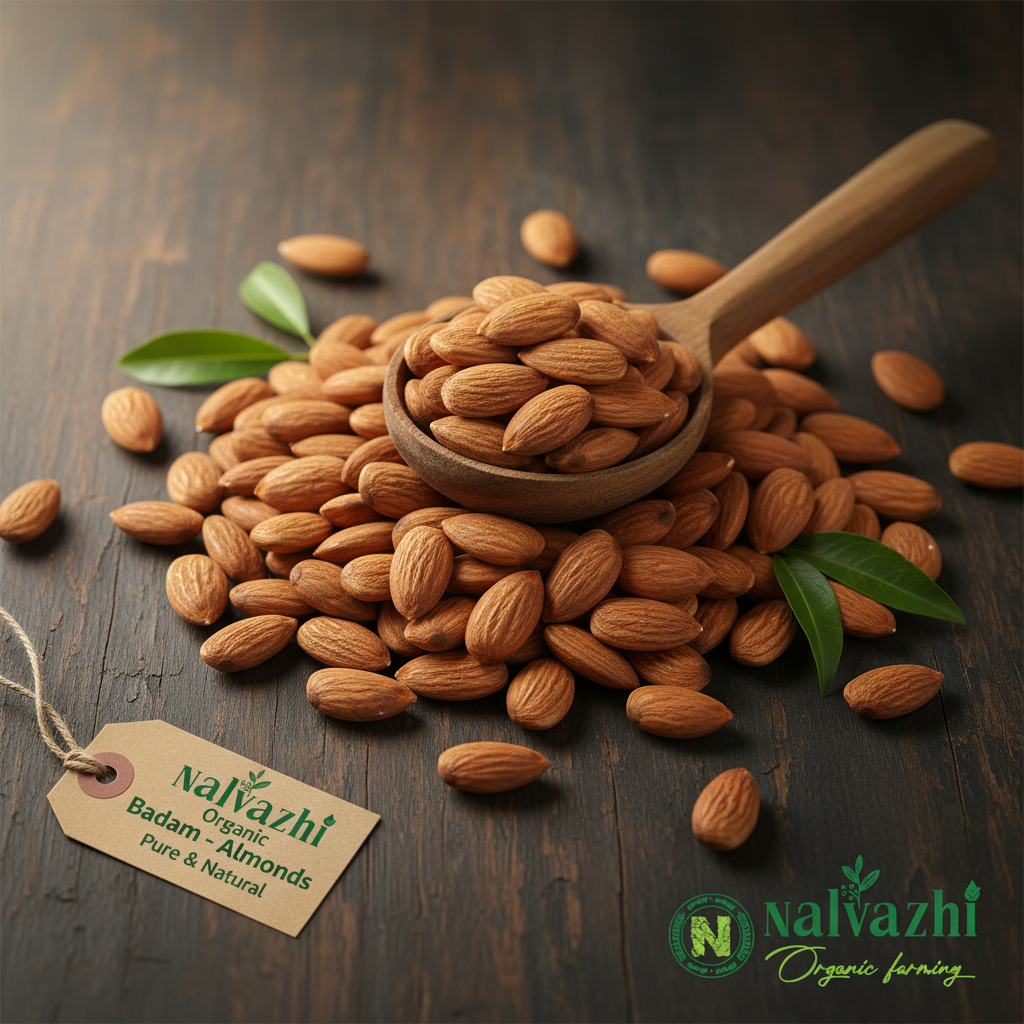 Nalvazhi Organic Badam whole almonds on dark wooden surface with wooden spoon