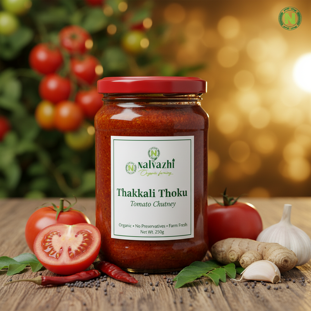 Nalvazhi Thakkali Thokku jar with fresh tomatoes, spices and Nalvazhi label
