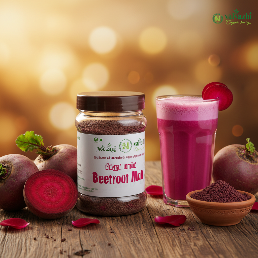 Nalvazhi Beetroot Malt jar with fresh beetroots and vibrant pink beetroot malt drink