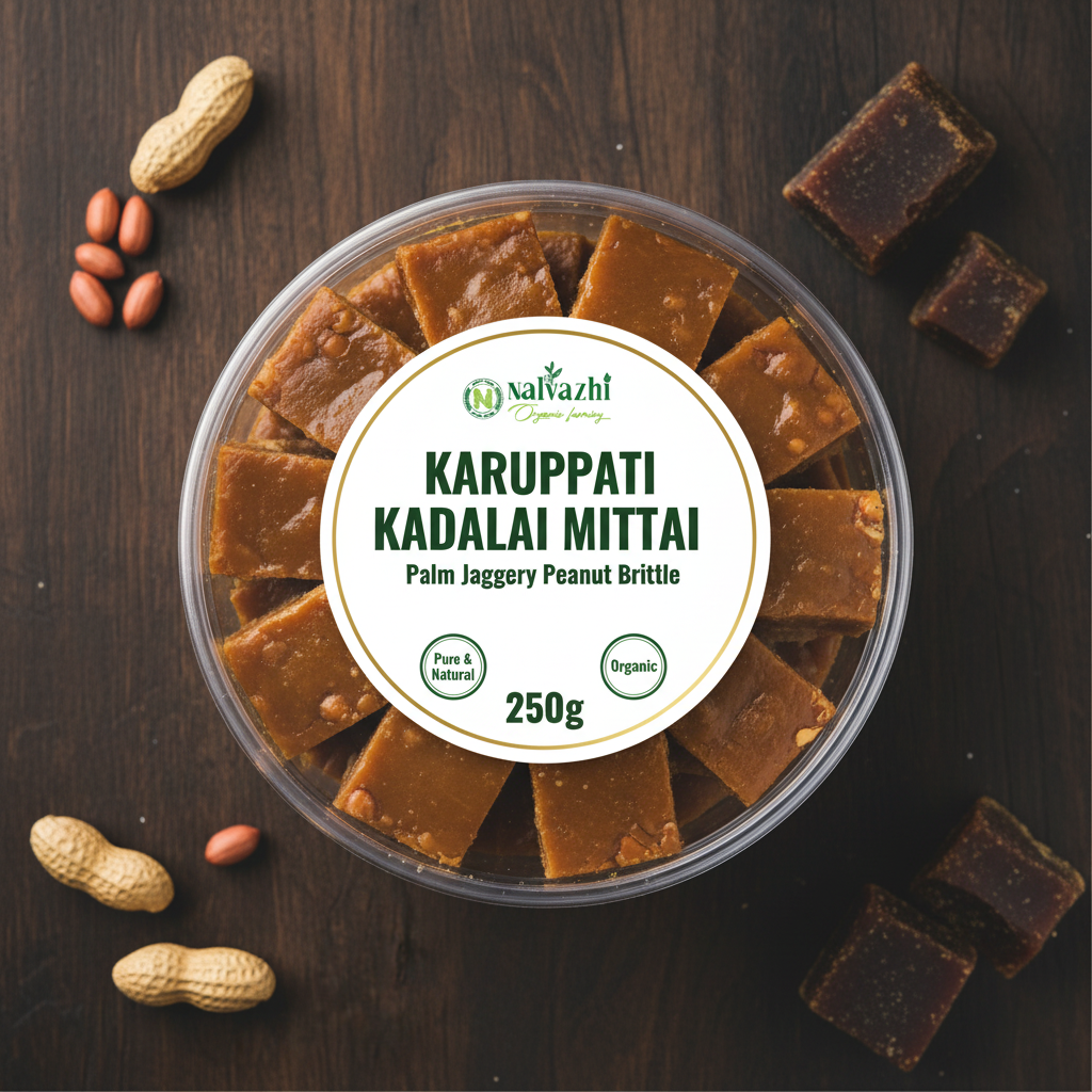 Organic Karuppati Kadalai Mittai 250gm transparent round box with white label