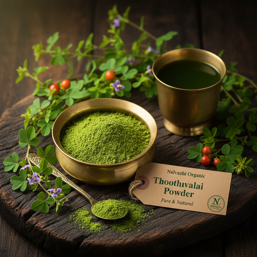 Thoothuvalai herbal powder in brass uruli with fresh three-lobed leaves, purple flowers, red-orange berries and brass tumbler of herbal decoction