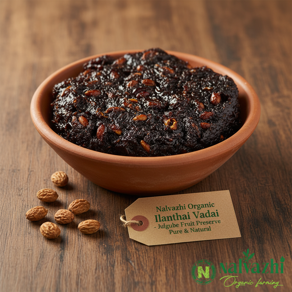 Nalvazhi Organic Ilanthai Vadai Jujube Fruit Preserve in rustic clay bowl