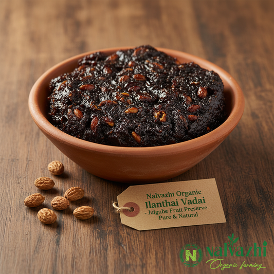 Nalvazhi Organic Ilanthai Vadai Jujube Fruit Preserve in rustic clay bowl