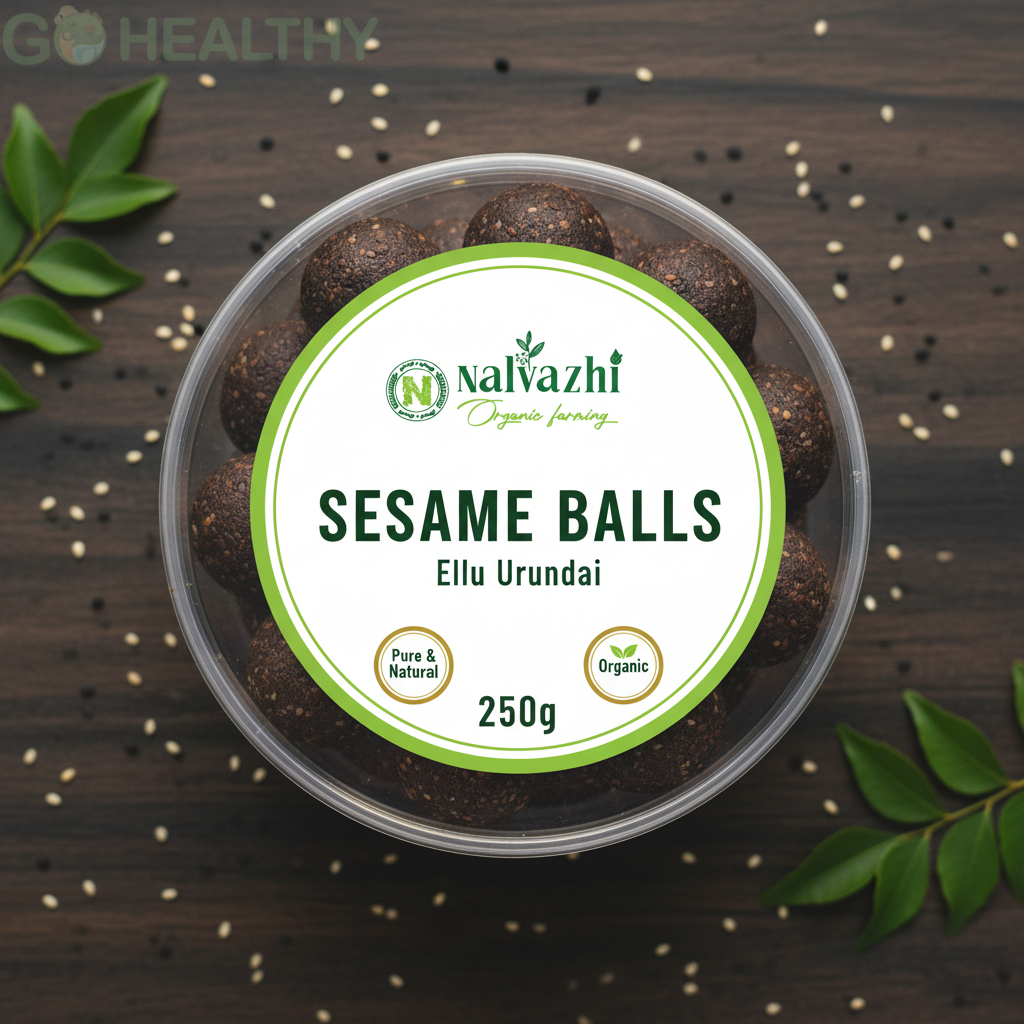Nalvazhi Organic Sesame Balls Ellu Urundai 250gm transparent round box with white label