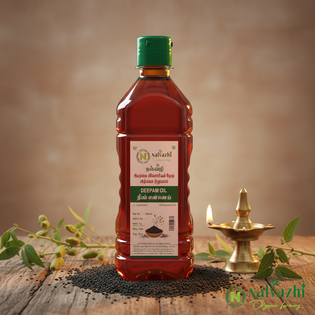 Nalvazhi Deepam Gingelly Oil 500ml bottle with black sesame seeds and traditional brass vilakku lamp
