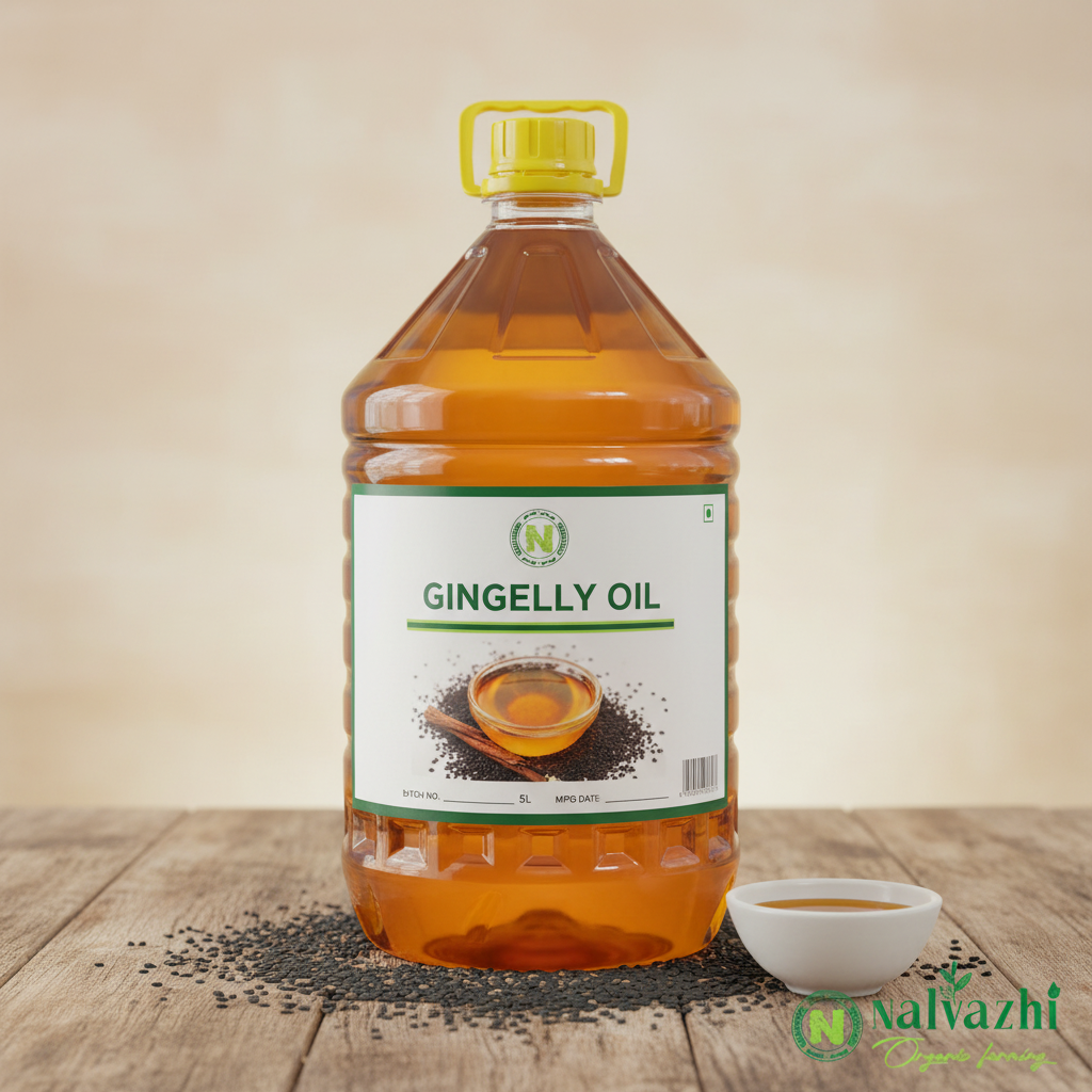 Nalvazhi Gingelly Oil 5 Litre jerry can with full wrap label and black sesame seeds