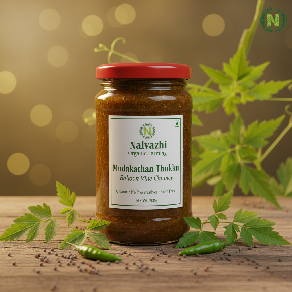 Nalvazhi Mudakathan Thokku jar with fresh balloon vine leaves and Nalvazhi label