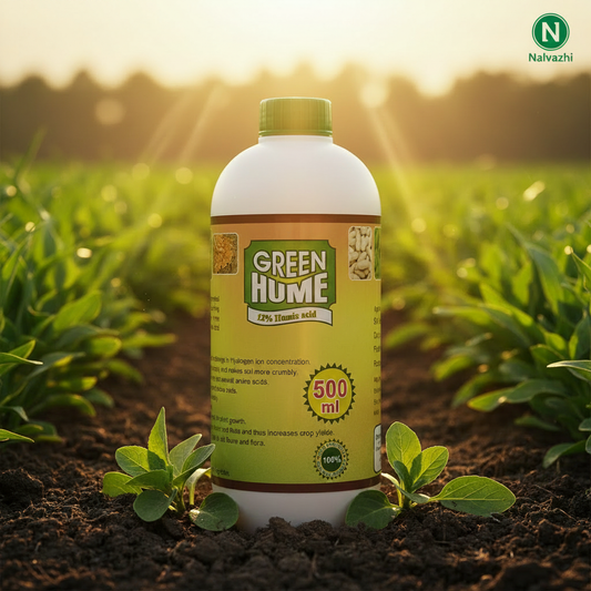 Nalvazhi Green Hume 12% Humic Acid Bio Fertilizer 500ml bottle in farm field