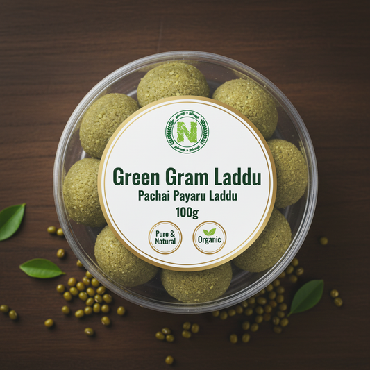 Nalvazhi Organic Green Gram Laddu 100gm in transparent round box with white label