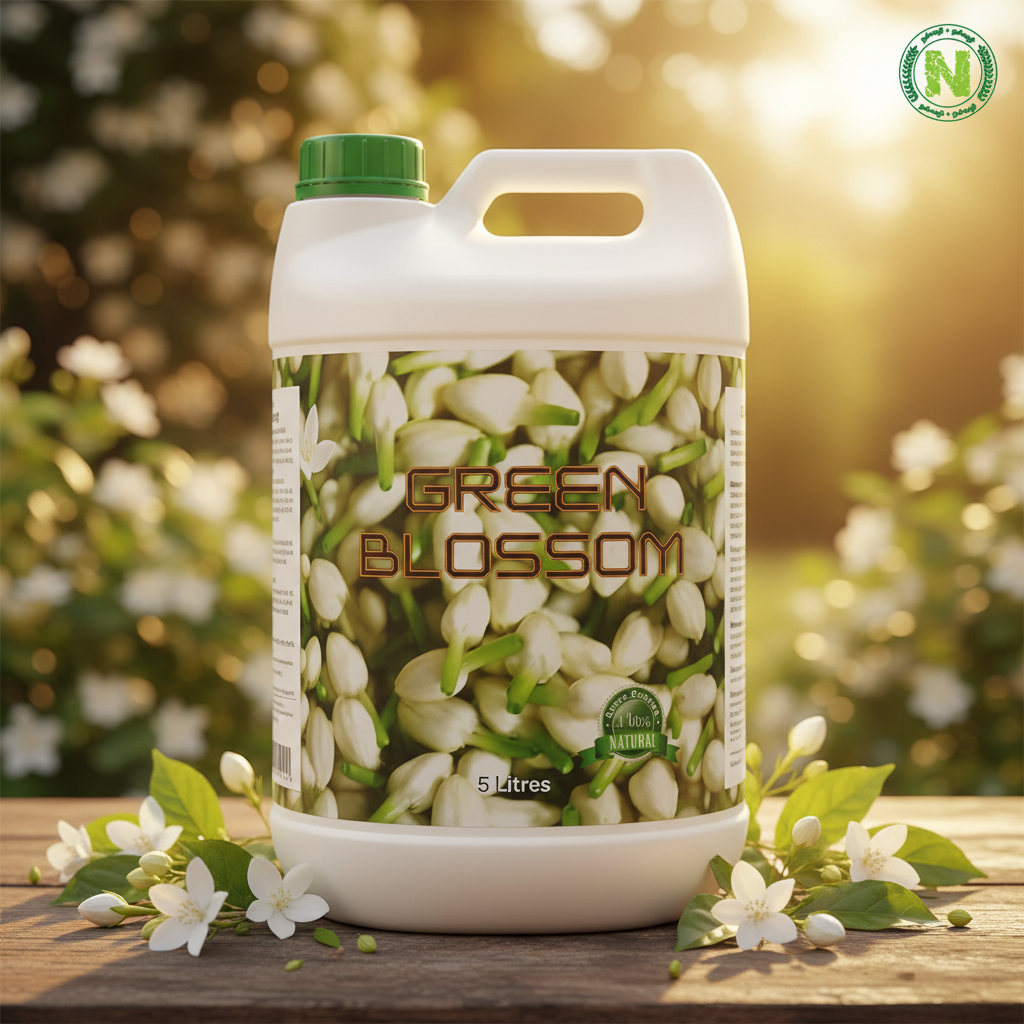 Nalvazhi Green Blossom Bio Stimulant 5 litre jerry can with jasmine flower label on wooden surface