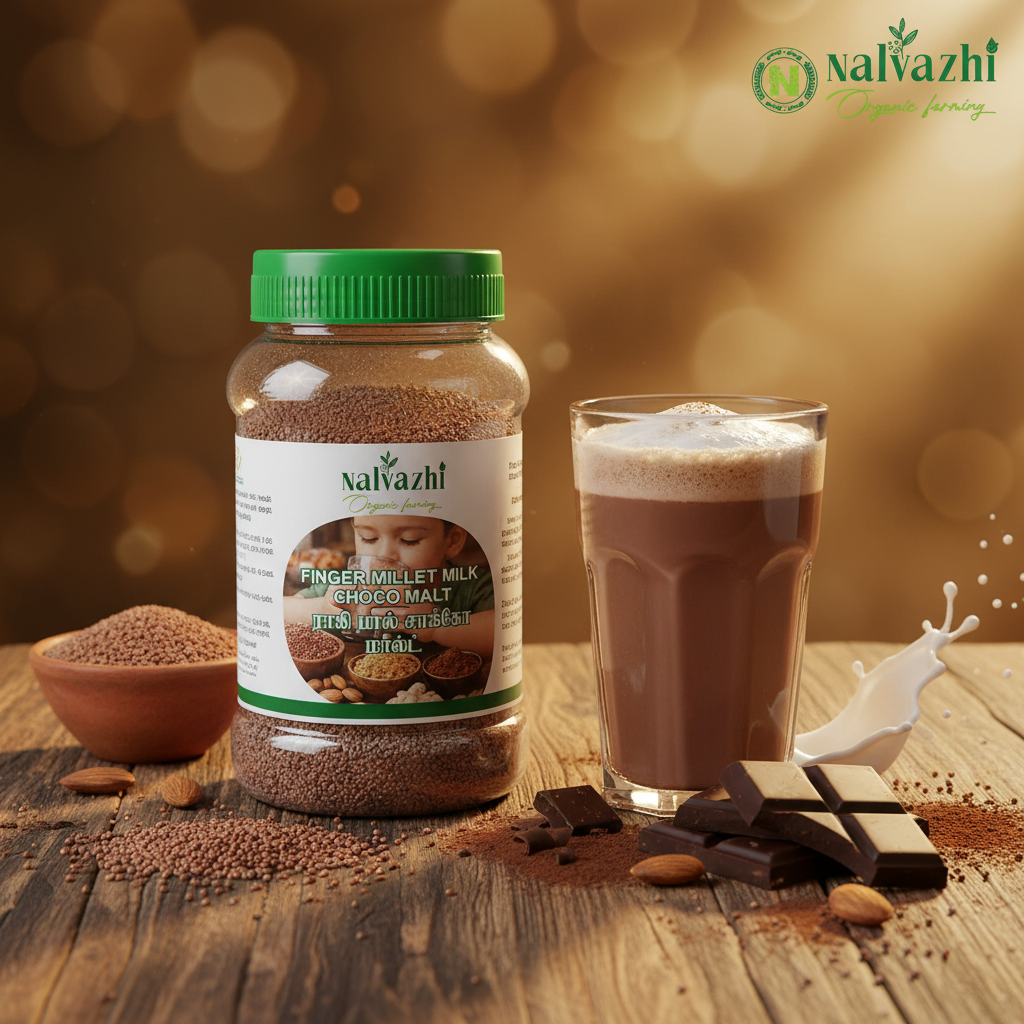Nalvazhi Finger Millet Milk Choco Malt jar with ragi grains and chocolate drink