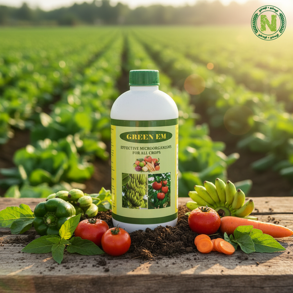 Nalvazhi Green EM Effective Microorganisms bottle - Farm background