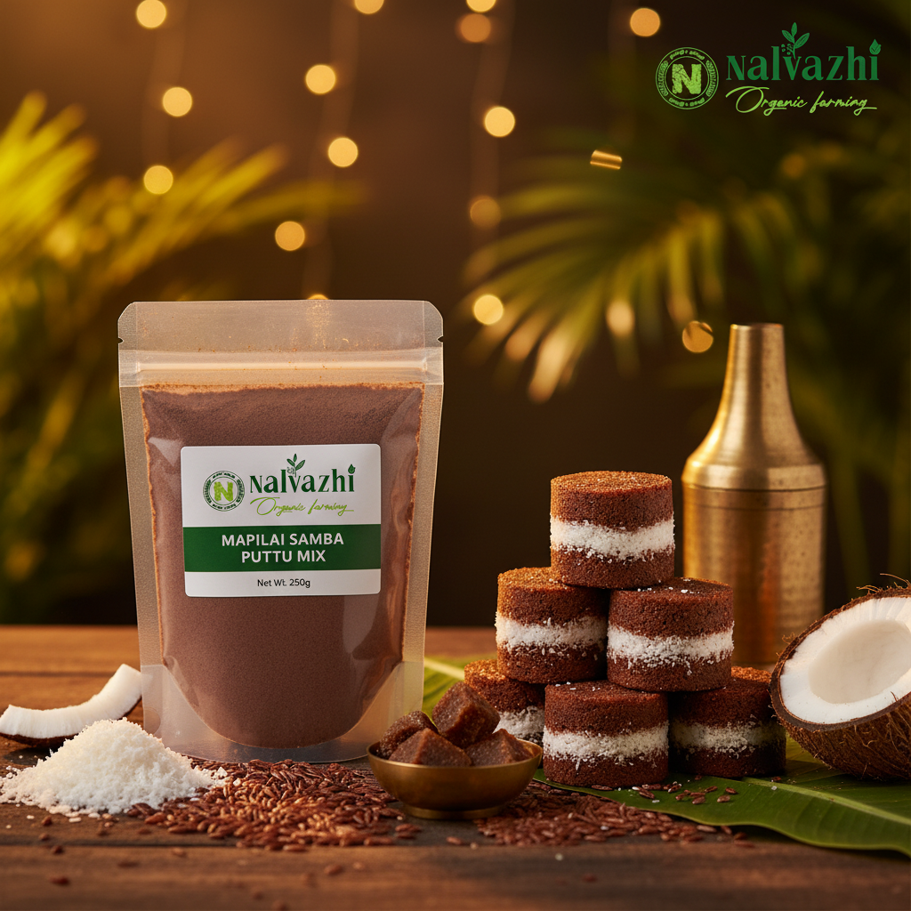 Nalvazhi Mapilai Samba Puttu Mix transparent pouch with dark reddish-brown heritage rice grains and steaming puttu