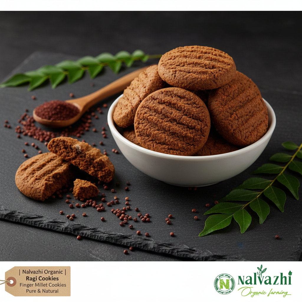 Nalvazhi Organic Ragi Cookies dark brown finger millet cookies in white ceramic bowl on dark slate