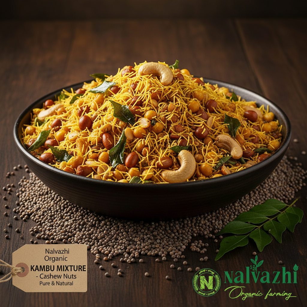 Nalvazhi Organic Kambu Mixture pearl millet mixture with peanuts chana dal sev cashews in dark ceramic bowl with kambu grains on dark wooden table