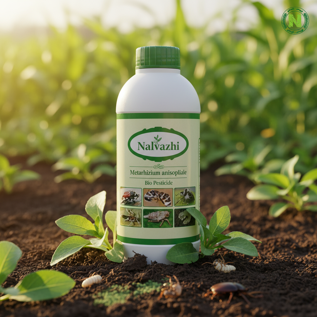 Nalvazhi Metarhizium anisopliae Bio Pesticide 1 litre bottle on farm soil with green crops background
