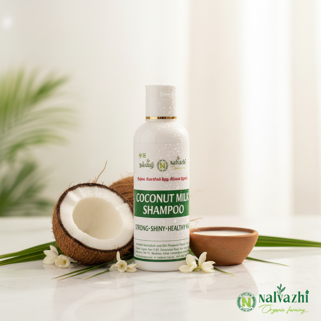 Nalvazhi Coconut Milk Shampoo white flip cap bottle on white marble with fresh halved coconut coconut milk clay bowl green coconut leaves and jasmine flowers bright airy lighting