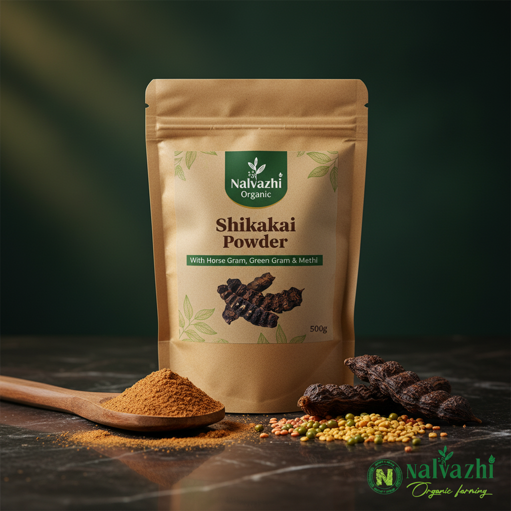 Nalvazhi Organic Shikakai Powder 500g large kraft packet with brown powder, shikakai pods, horse gram, green gram and methi