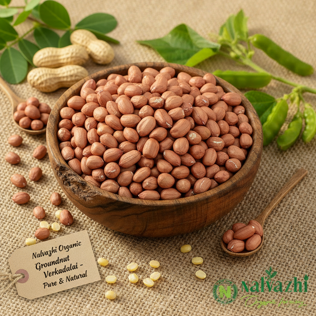 Nalvazhi Organic Groundnut Verkadalai in wooden bowl on jute background
