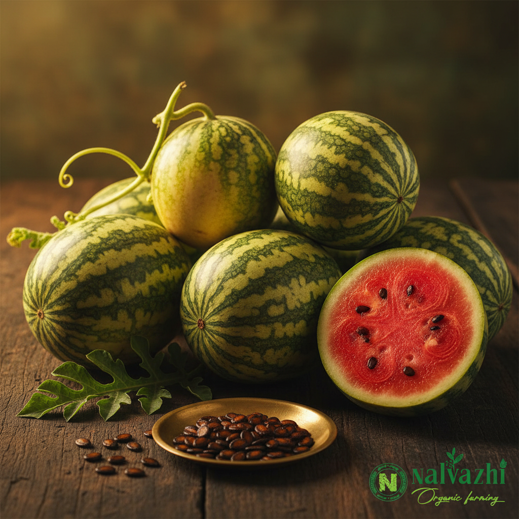 Thambatai Kai native small watermelon dark green yellow mottled striped skin with red flesh and black seeds in brass plate — Nalvazhi Organic native seeds