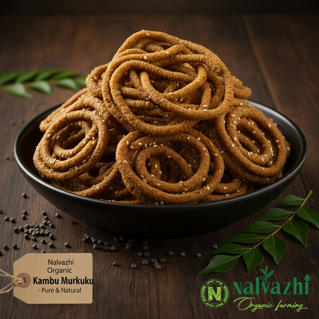 Nalvazhi Organic Kambu Murukku thick rope loosely tangled dark golden-brown pearl millet murukku in dark ceramic bowl on dark wooden table