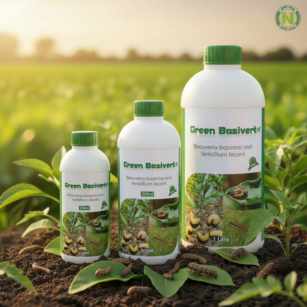 Nalvazhi Green Basivert Bio Pesticide - 250ml, 500ml and 1 litre bottles combined on fertile soil with farm background