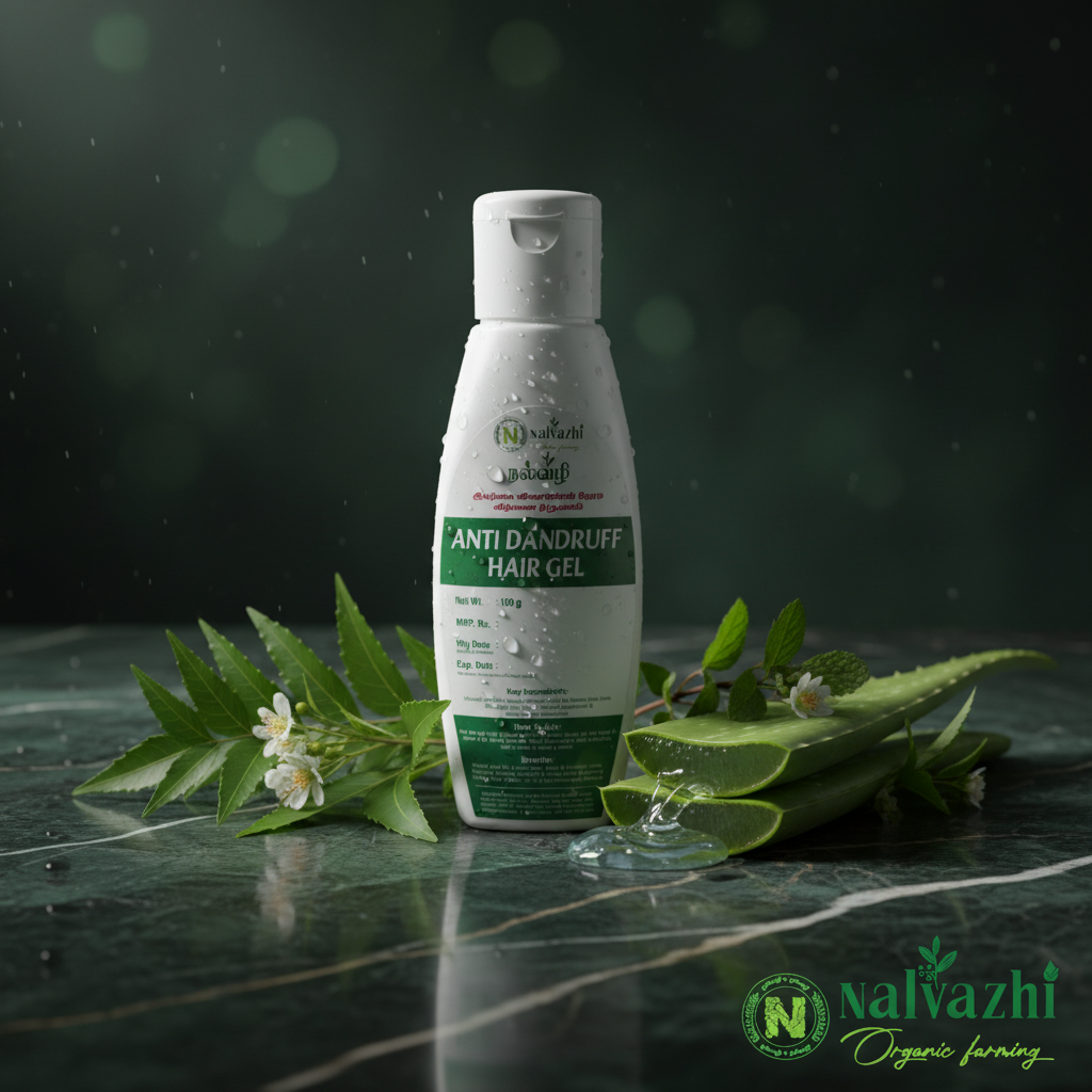 Nalvazhi Anti Dandruff Hair Gel white bottle on dark green marble with neem branches tea tree flowers and aloe vera gel cinematic lighting