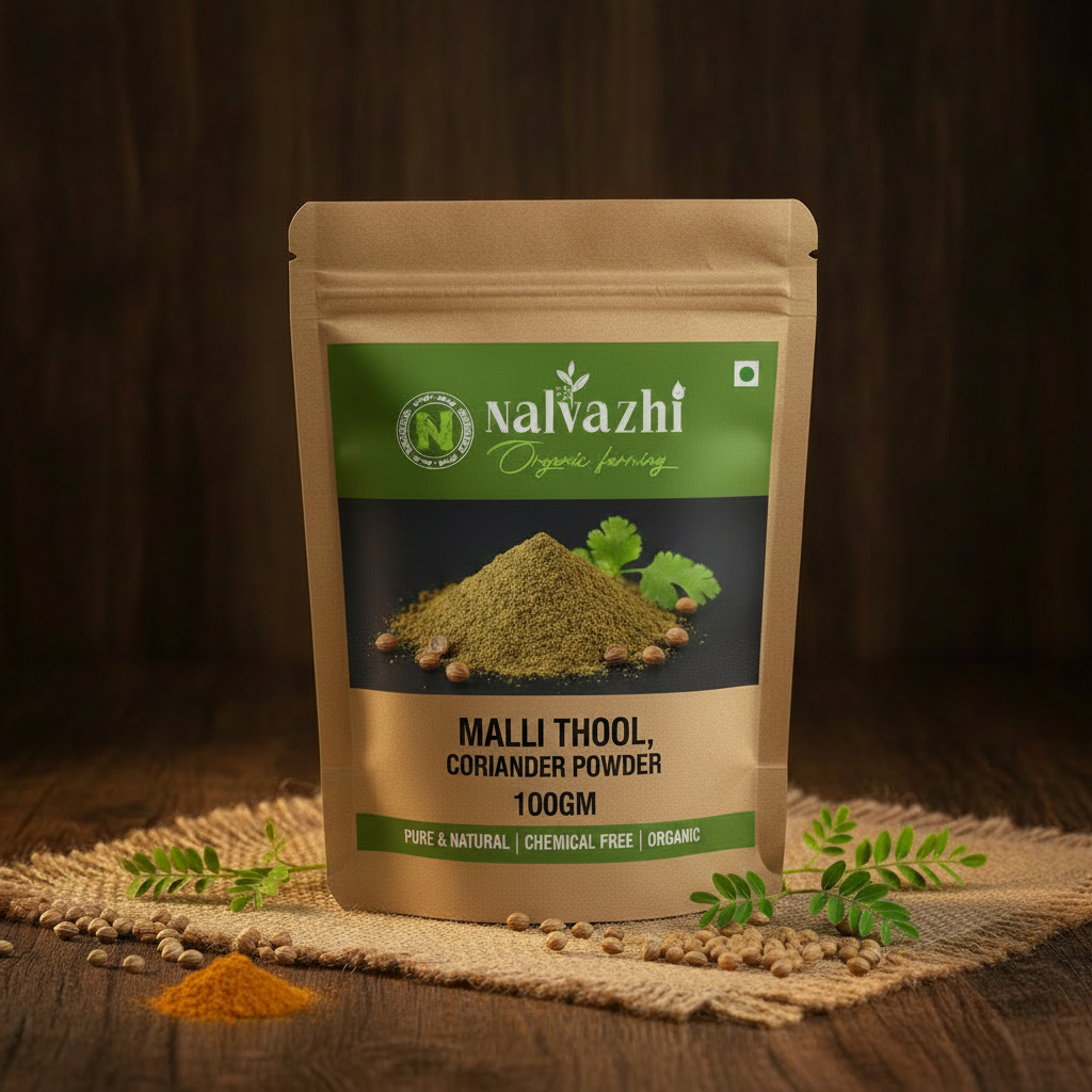 Nalvazhi Organic Malli Thool Coriander Powder 100g kraft standup pouch on jute mat