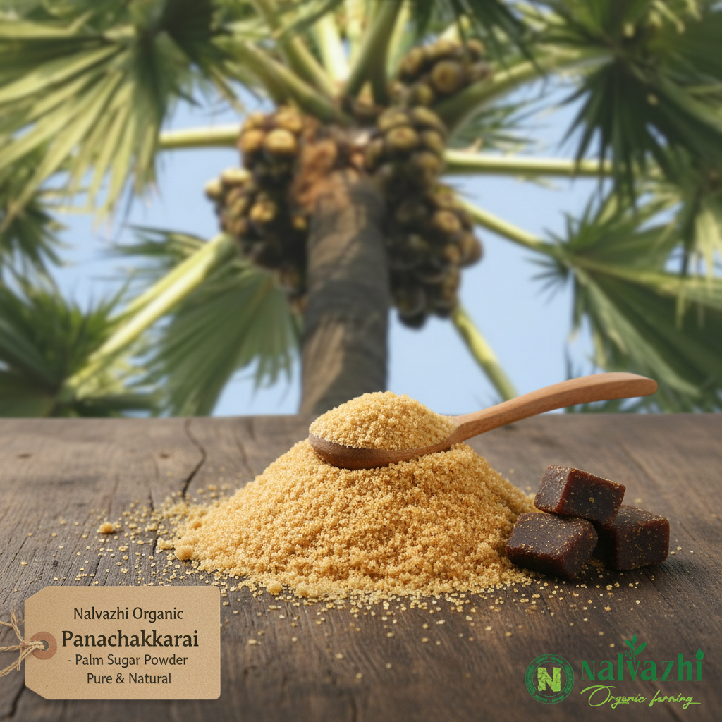 Nalvazhi Organic Panachakkarai Palm Sugar Powder with Palmyra palm tree background