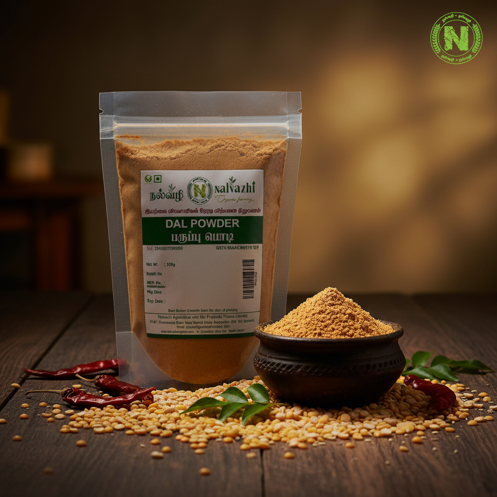 Nalvazhi Dal Powder 250g packet on rustic dark wooden surface with scattered dal and clay bowl