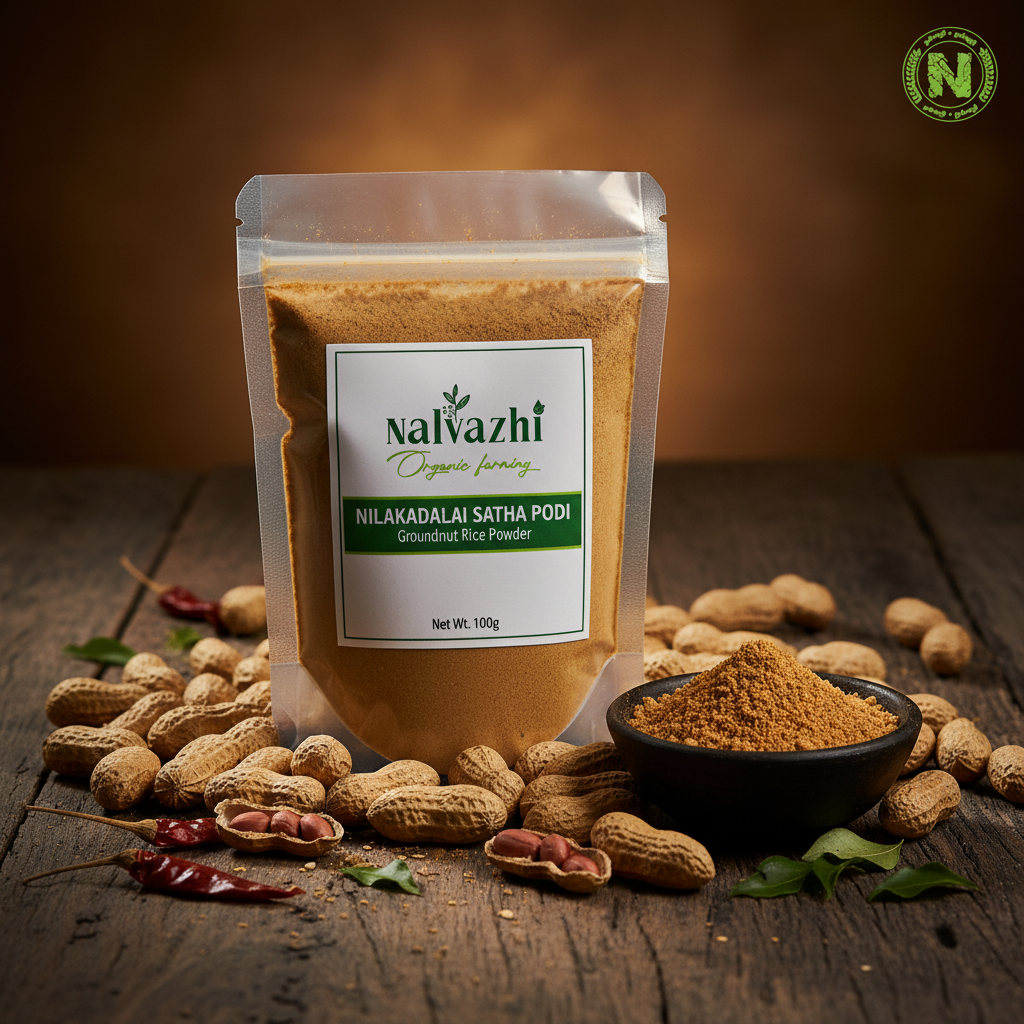 Nalvazhi Groundnut Rice Powder packet on rustic dark wooden surface with roasted peanuts and clay bowl
