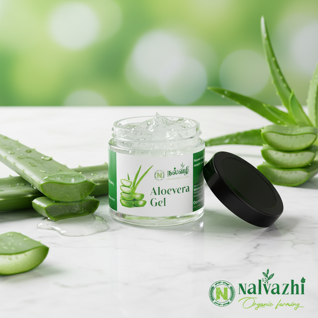 Nalvazhi Aloe Vera Gel jar open lid showing crystal clear transparent gel with fresh aloe leaves