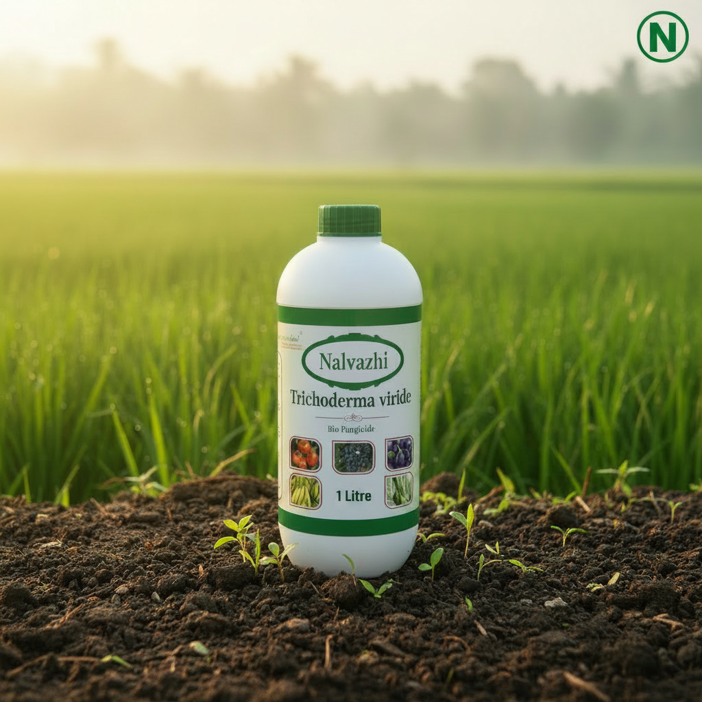 Nalvazhi Trichoderma Viride Bio Fungicide 1 Litre bottle in farm field