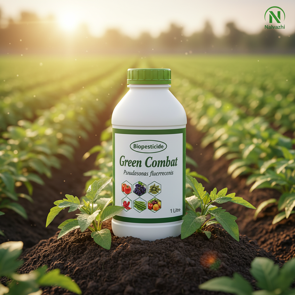 Nalvazhi Green Combat Biopesticide 1 Litre bottle in farm field