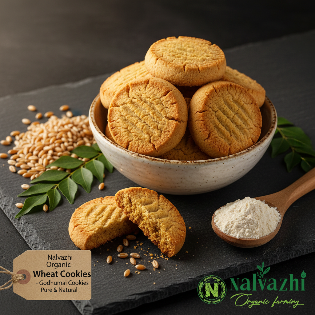 Nalvazhi Organic Wheat Cookies golden brown cookies in white ceramic bowl on dark slate