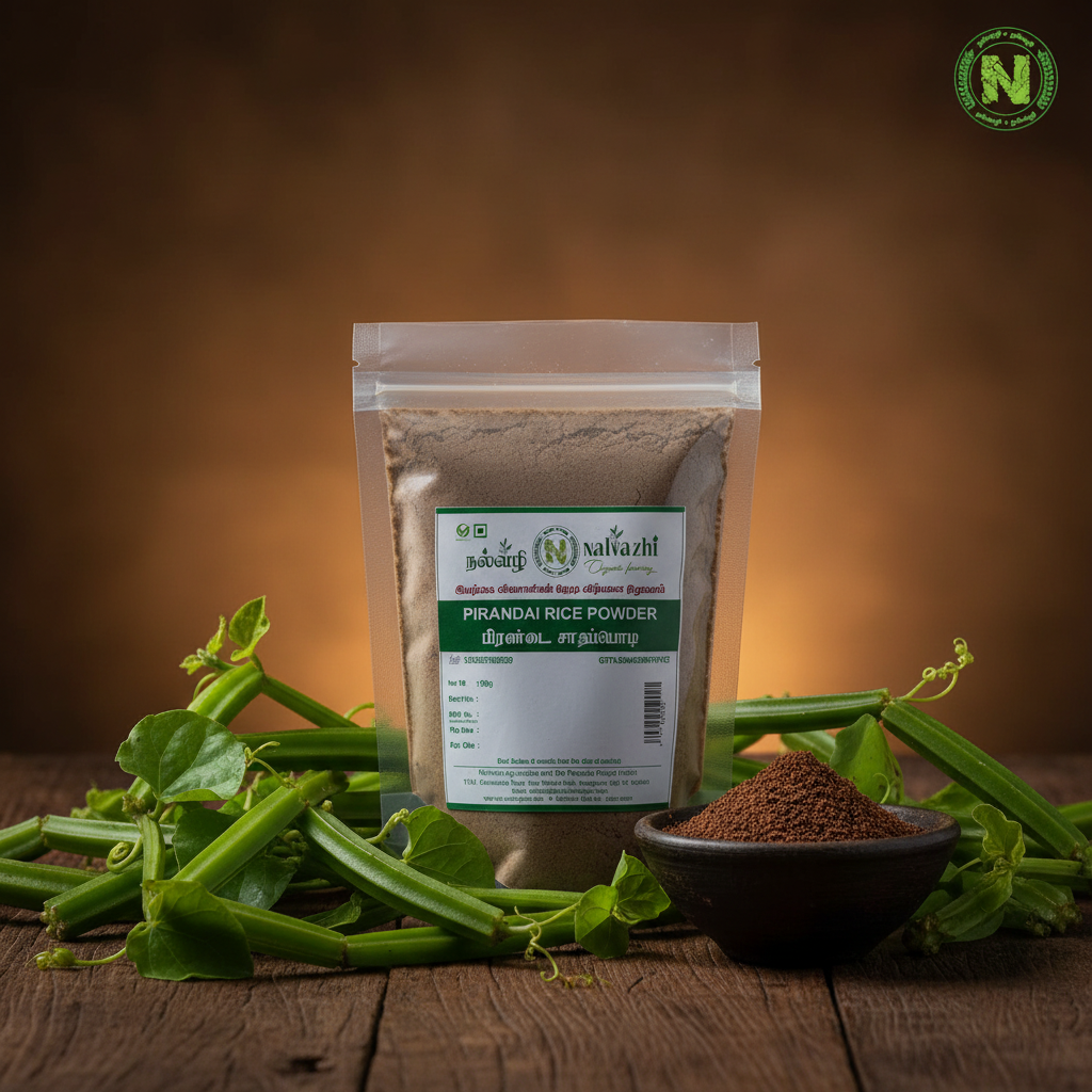 Nalvazhi Pirandai Rice Powder packet on rustic dark wooden surface with fresh pirandai stems and clay bowl