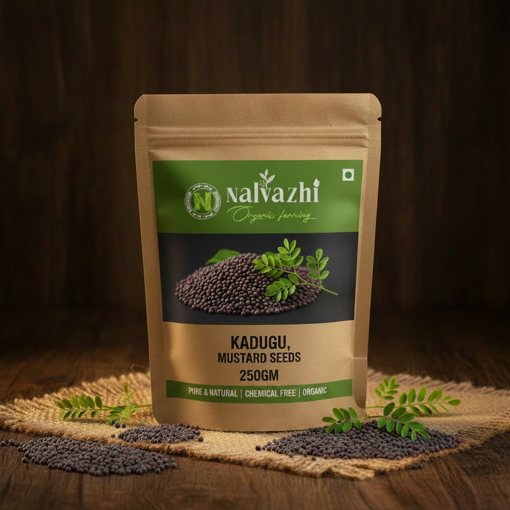 Nalvazhi Organic Kadugu Mustard Seeds 250g kraft standup pouch on jute mat