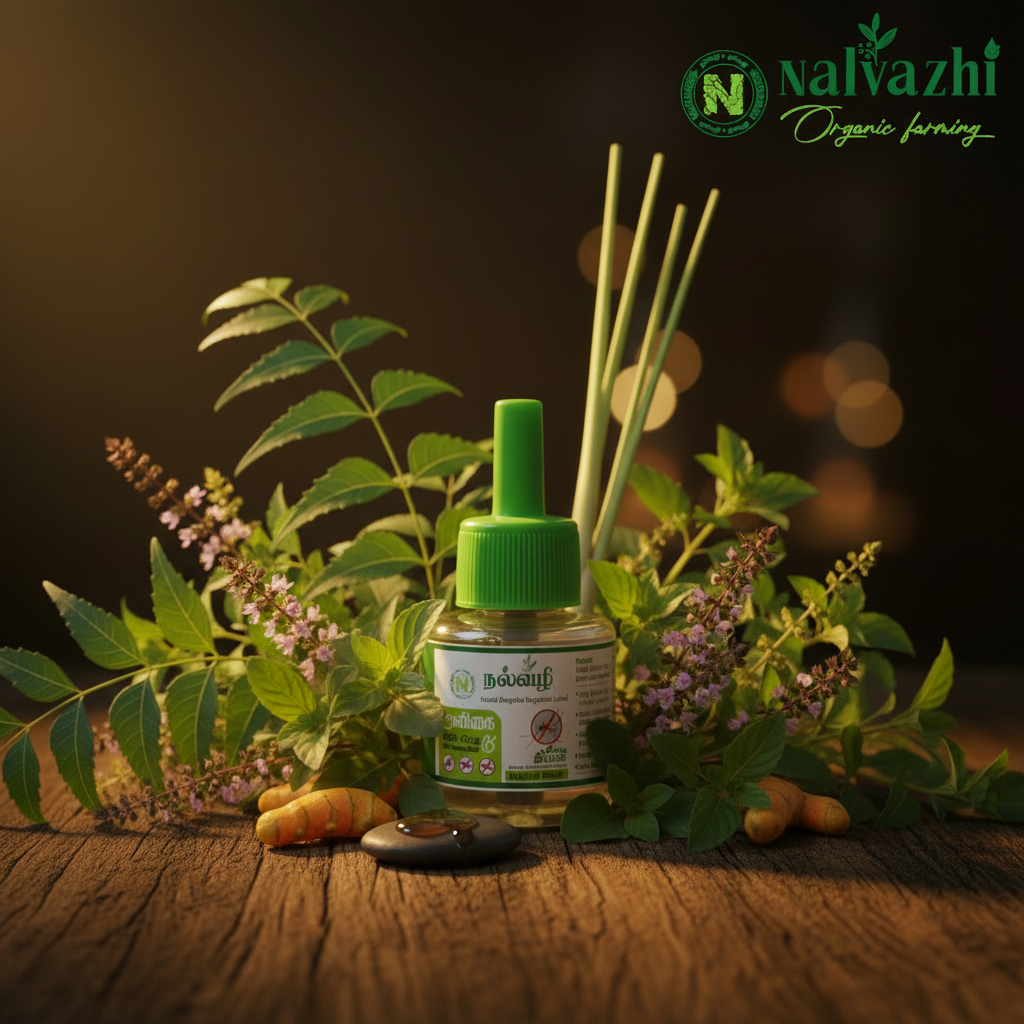 Nalvazhi herbal mosquito repellent liquid bottle with green cap surrounded by fresh neem, tulasi, lemongrass, turmeric and nochi herbs on dark wooden surface