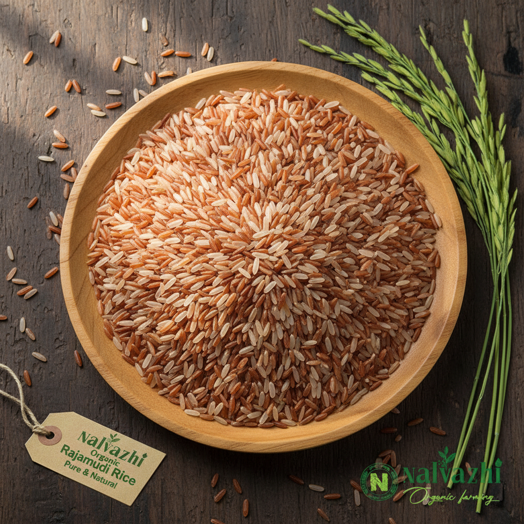 Rajamudi Rice in wooden plate with Nalvazhi logo - Nalvazhi Organic