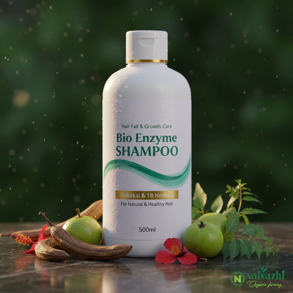 Nalvazhi Organic Bio Enzyme Shampoo 500ml large bottle with natural herbs on dark green background