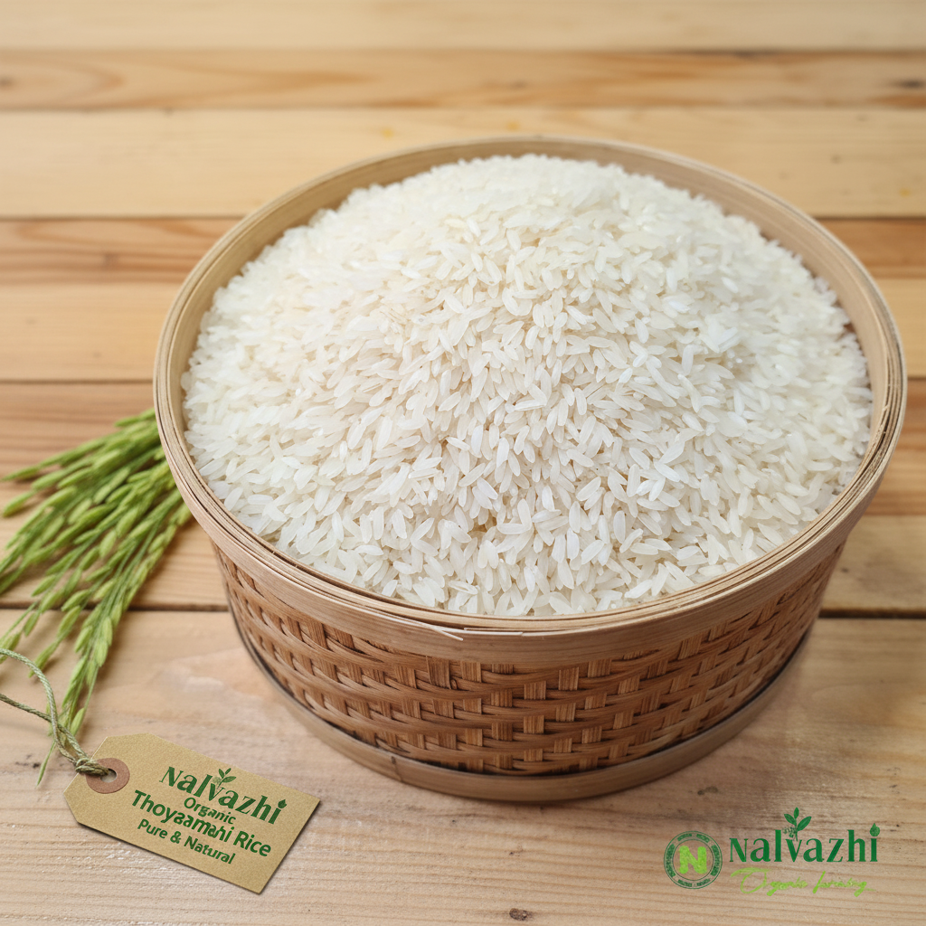 Thooyamalli Pachai Rice in bamboo basket - Nalvazhi Organic