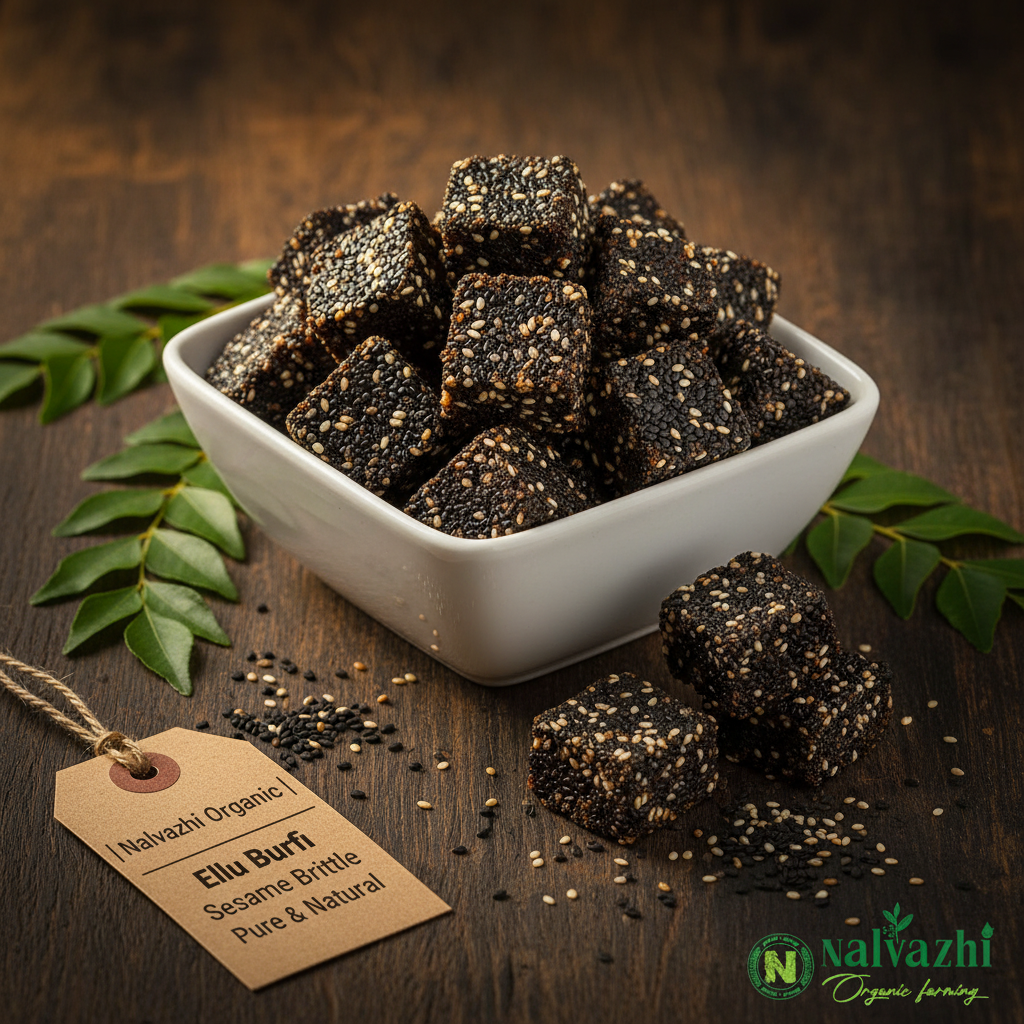 Nalvazhi Organic Ellu Burfi black and white sesame brittle pieces in white bowl on dark wooden table