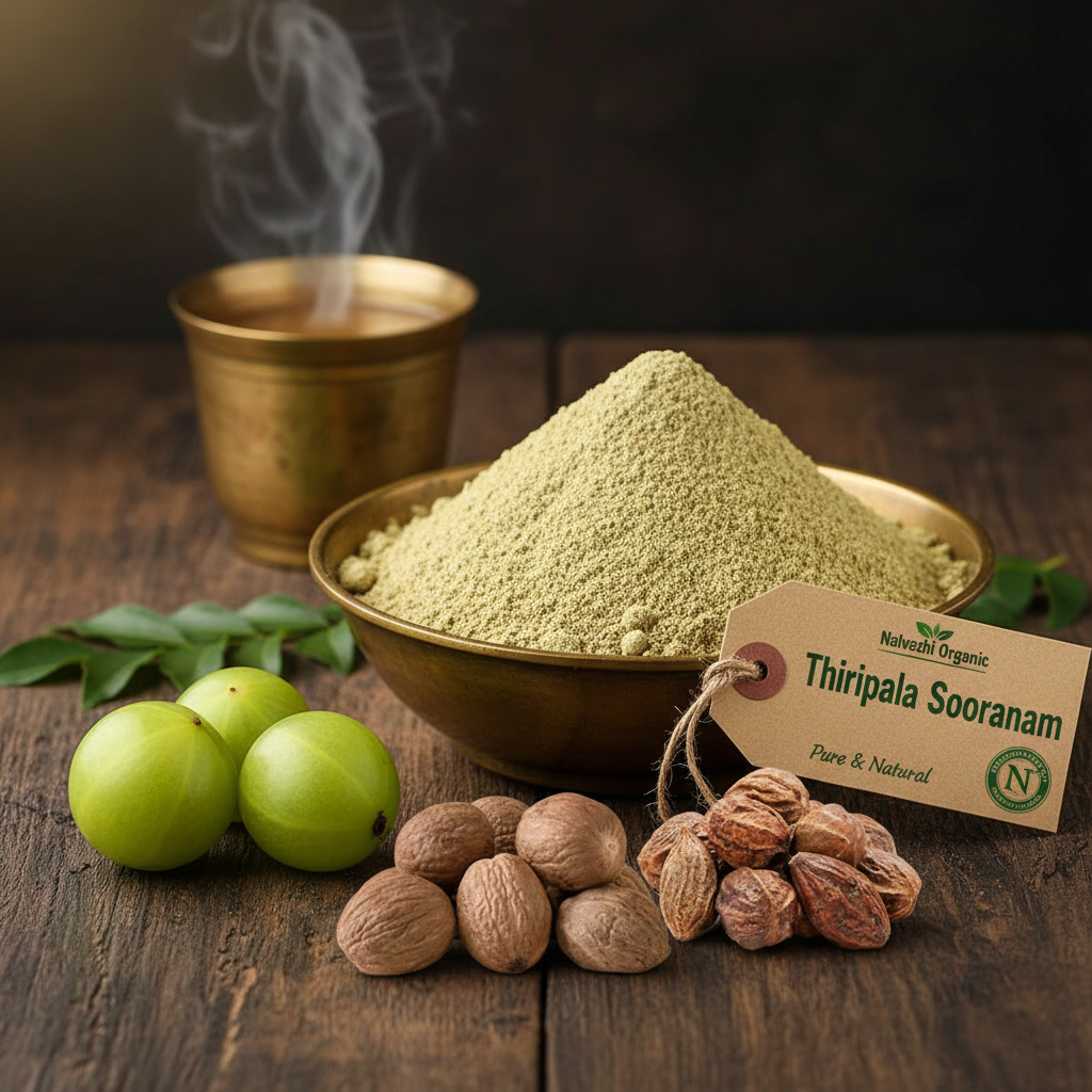 Thiripala Sooranam powder in brass uruli with all three fruits - Nellikkai, Kadukkai and Thanrikkai