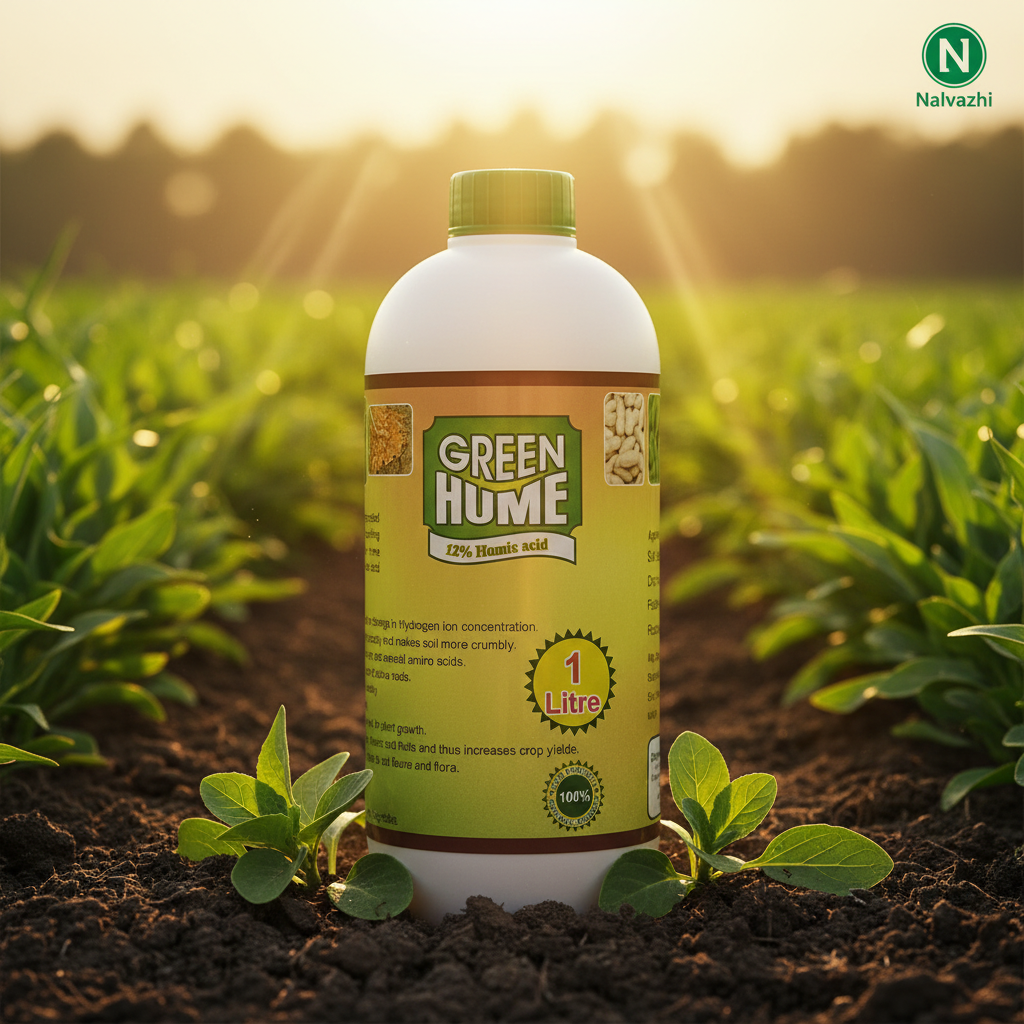 Nalvazhi Green Hume 12% Humic Acid Bio Fertilizer 1 Litre bottle in farm field