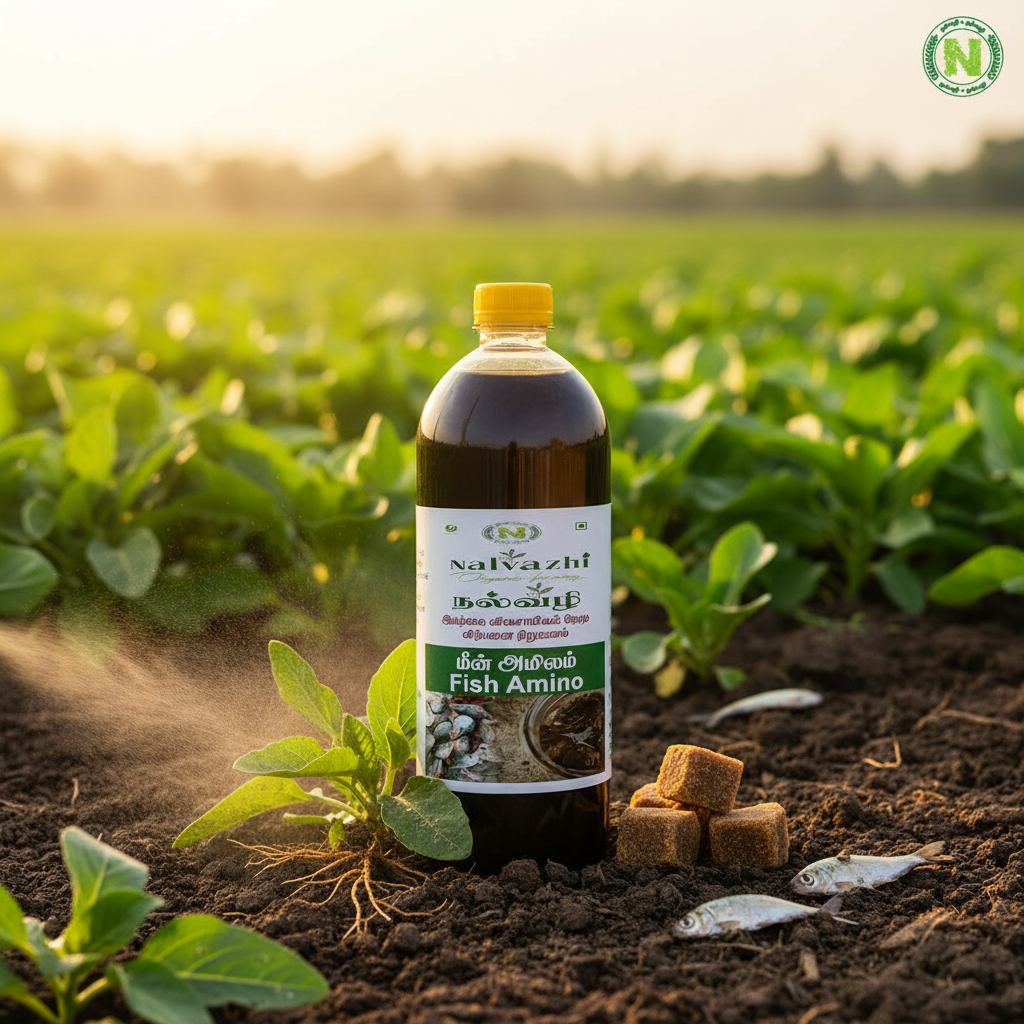 Nalvazhi Fish Amino Acid 1L bottle on farm soil with green crops background