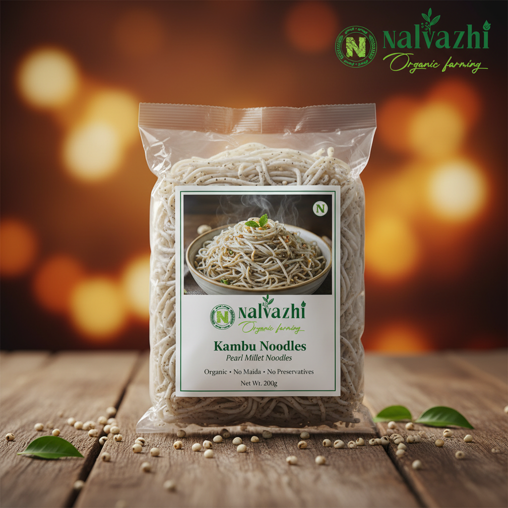 Kambu Pearl Millet Noodles in clear packet with Nalvazhi branded sticker